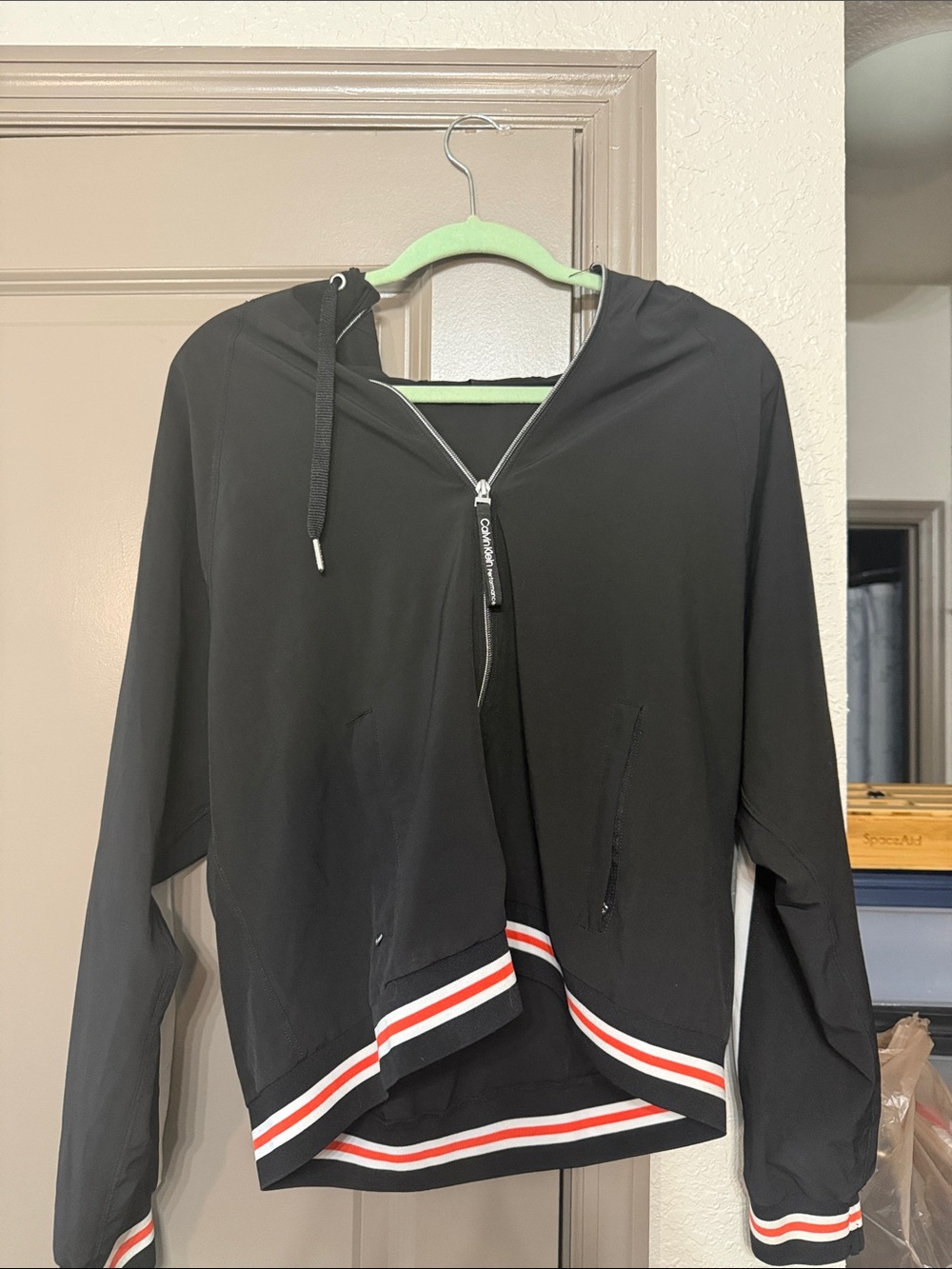 Calvin Klein Black Hooded Bomber with Red and White Stripe Trim